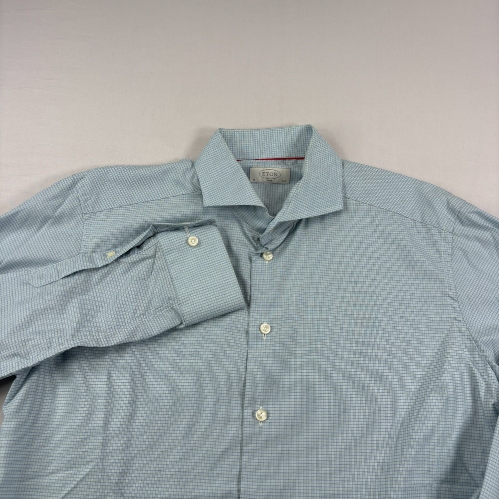 Eton Shirt Mens 42 16.5 Blue Green Plaid Button Up Slim Fit Formal Casual - Picture 3 of 10
